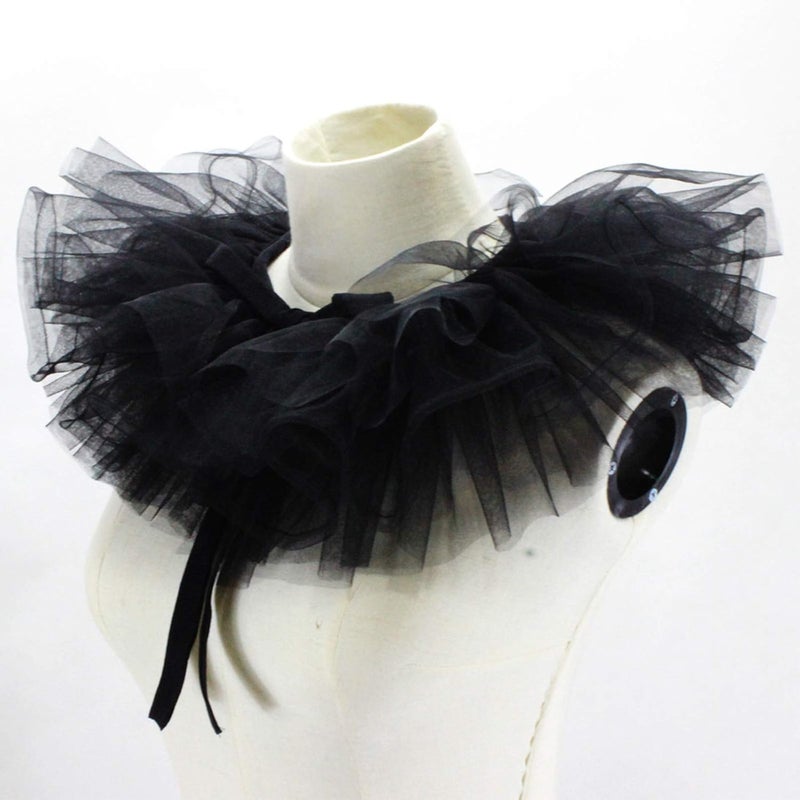 XUYUH Decorative Collar Victorian Ruffled Mesh Fake Collar Shawl Tulle Clown Cosplay Neck Ruff Choker, 40cm, Black - Image 4